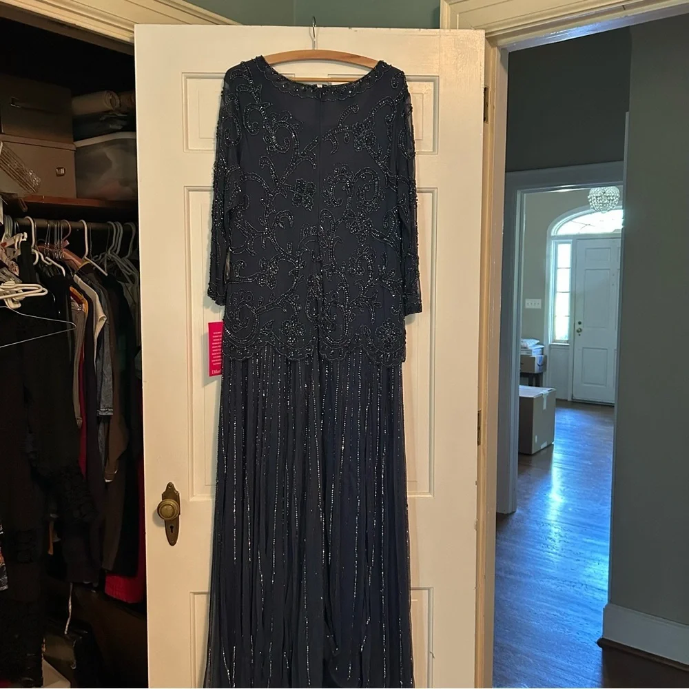 Pisarro Nights Blue Sequin Embellished Long Sleeve Gown - Picture 2 of 6